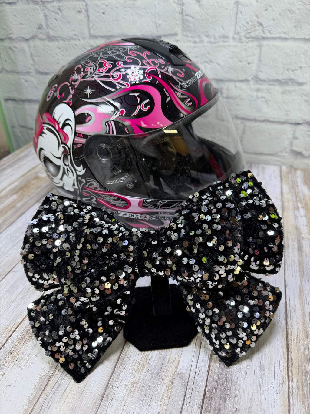 Silver on black  Sequin Double Stack Helmet Bow
