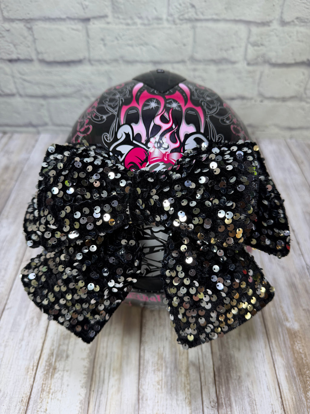 Silver on black  Sequin Double Stack Helmet Bow