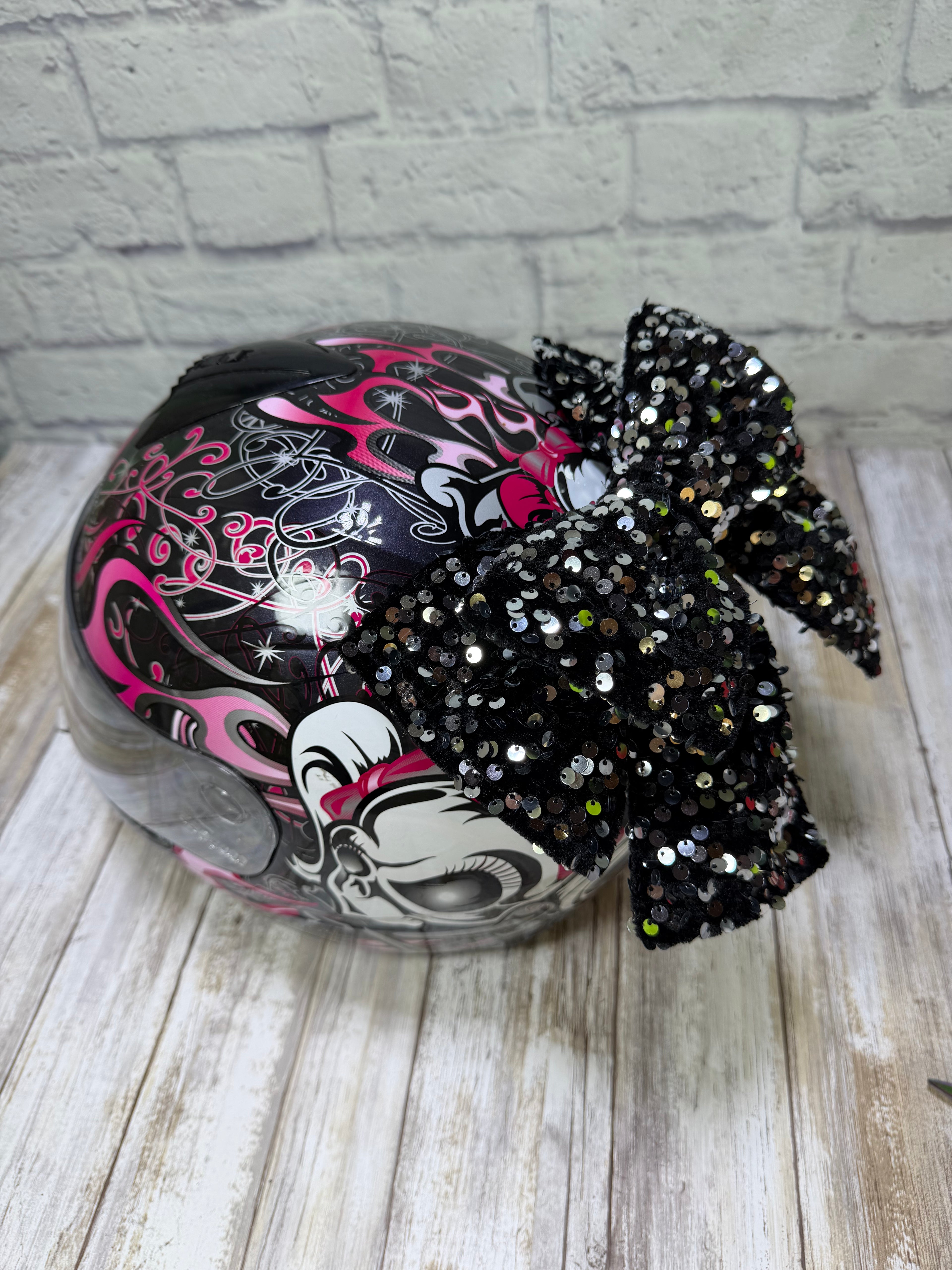 Silver on black  Sequin Double Stack Helmet Bow